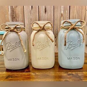 Custom Home Decor- “Ball” Painted Mason Jar Set of 3 w/Burlap Accents